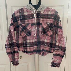 No Boundaries Pink Plaid Crop Top Flannel with Hood